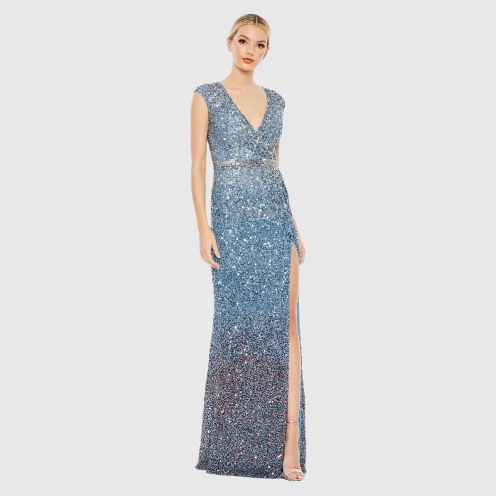 MAC DUGGAL Cap Sleeve Sequined High Slit Gown